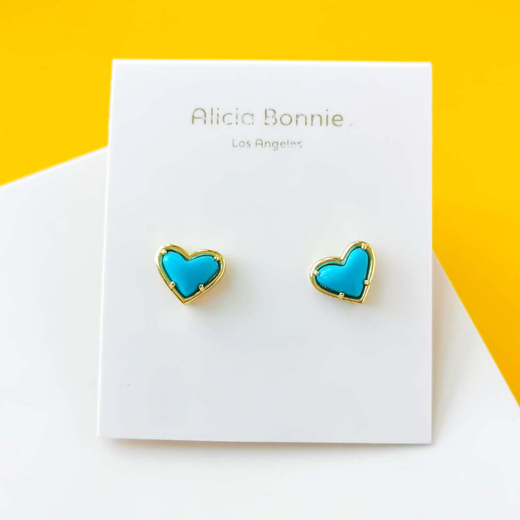 Love Gold Turquoise Blue Heart Stud Earrings By Alicia Bonnie 16$